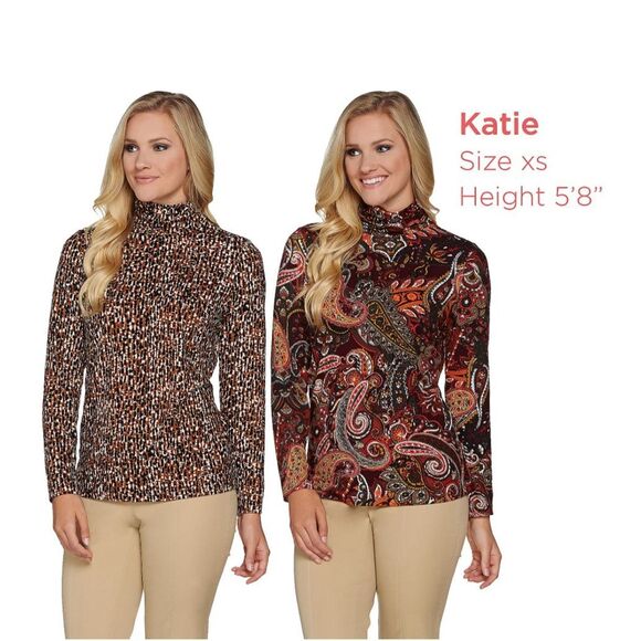 Susan Graver 3X Set of 2 Print Brushed Liquid Knit Turtleneck Tops Purple NWT - Picture 4 of 4